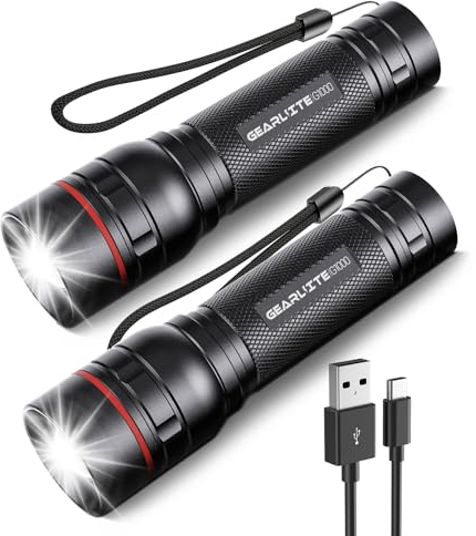 GEARLITE LED Mini Taschenlampe Aufladbar, 2000 Lumen LED Taschenlampe Extrem Hell mit 3 Modi, Zoombare Handlampe mit Langer Laufzeit, IP65 Wasserdicht Flashlight für Camping Outdoor