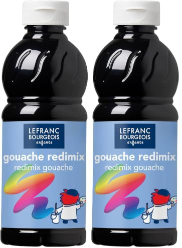 Lefranc Bourgeois 188017 flüssige Tempera Redimix Farbe, leuchtende Gouachefarbe auf Wasserbasis, hohe Deckkraft, hervorragenden Maleigenschaften, gebrauchsfertig, 500ml Flasche Schwarz, Packung mit 2
