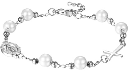 Flongo Rosenkranz Armband gold Silber mit Kreuz Anhänger Benedikt Medaille Edelstahl Christlich Auto Arm Kette weiß Perlen Rosary Bracelet Geschenk für Damen Herren