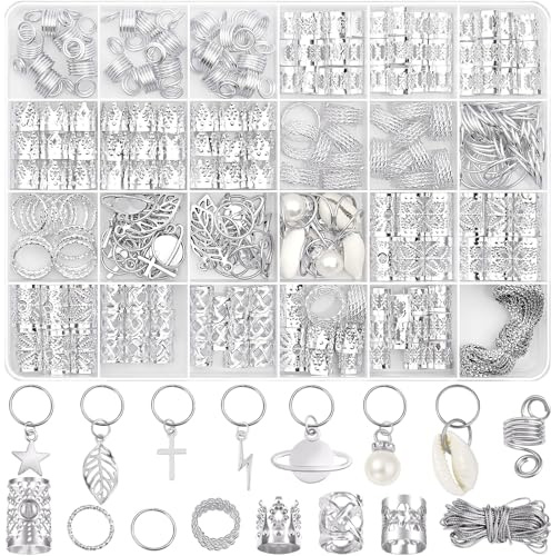 Lucomb 259 Pcs Hair Jewelry, Hair Accessories for Braids Silver Loc Jewelry for Hairs Dreadlocks Braid Jewelrys Hairs Cuffs Clips Dreadlock Accessories for Women's Loc Charms Rings Decoration
