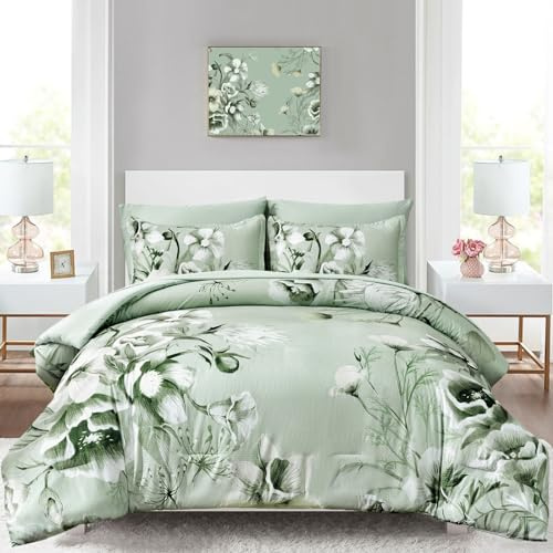 Luxudecor Floral Comforter Set Queen Size 7 Piece, Sage Green Flower Bed in a Bag, Elegant Floral Comforter with Sheet Set, Soft Seersucker Microfiber Bedding Set (Sage Green, 90x90)