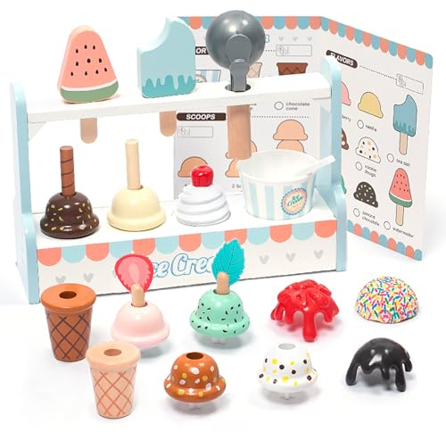 UMU® Kinder Eisdiele aus Holz - Eisladen inkl. Küchenzubehör (EIS, Eisportionierer, Eiswaffeln usw.), Kinderküche Kaufläden & Zubehör zum Rollenspiel, Holzspielzeug für Kinder ab 3 4 5 6 Jahren