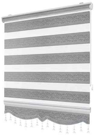PlisseeOnline Doppelrollo Klemmfix ohne Bohren Grau Silber mit Muster und Perlen Duo Rollo für Fenster und Türen Plissee Rollo Gardine 90 x 200 cm Blickdicht Klemmrollo mit Perlen Seitenzugrollo