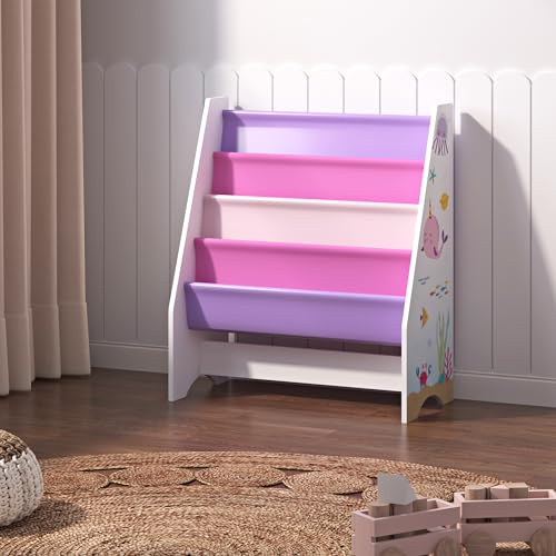 [en.casa] Kinderregal Fisterra Kinder-Bücherregal freistehend mit Ozean-Motiv 74 x 62 x 29 cm Kinderzimmerregal mit 4 offenen Ablagefächern Bücher-Organizer Weiß/Lila/Rosa