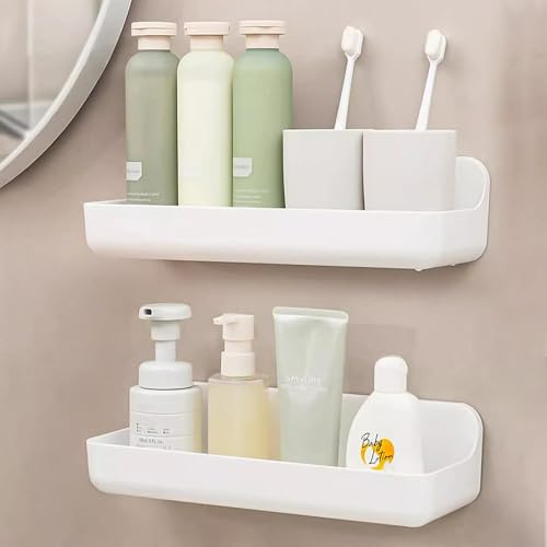ANRUI Duschablage Ohne Bohren, 2 Stück Duschregal Wandmontage aus Kunststoff, Badezimmer Regal Organizer Shampoo Duschgel Halterung für Dusche, Duschkorb Ohne Bohren Weiß für Bad Küche, Langer Korb