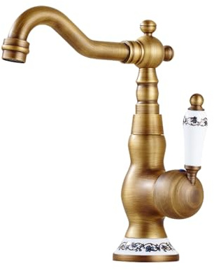 EGTink Robinet Lavabo Brossé Robinetterie de Lavabo Vintage en Laiton Antique Mitigeur Robinet Salle de Bain Chaud et Froid, Rotatif à 360°,Poignée en Céramique,Bronze Rétro