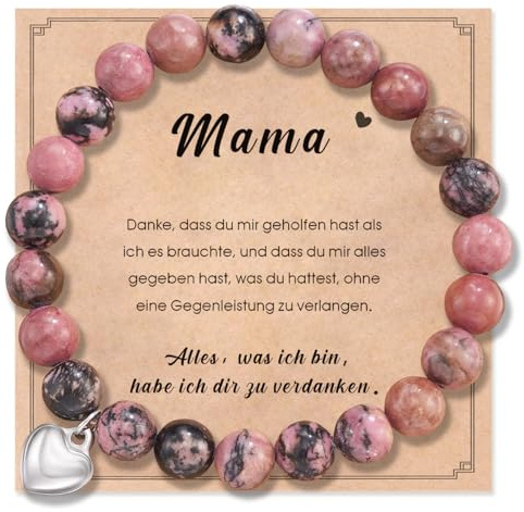 Johiux Mama Geschenk Naturstein Perlen Armband mit Herz Anhänger,Perlenarmband Damen Armband Muttertagsgeschenk Geburtstagsgeschenk für Mama Mutter Tochter Geschenk für Frauen. (Rot A)