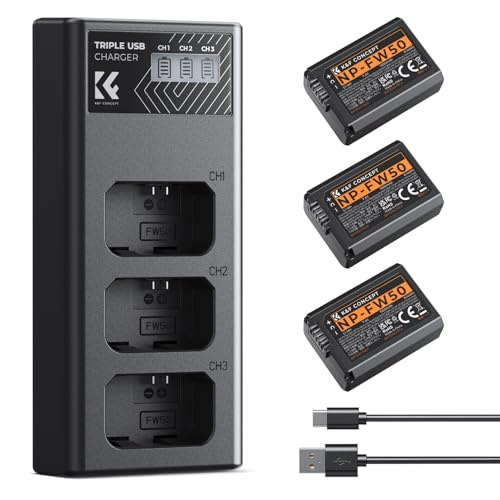 K&F CONCEPT 3-Pack NP-FW50 Battery and Upgraded 3-Slot ZV-E10 Battery Charger Compatible with Sony Alpha A6400 A6000 A6300 A6500 A5000 A5100 A7 A7II A7R A7RII A7S A7SII RX10 II III IV Cameras
