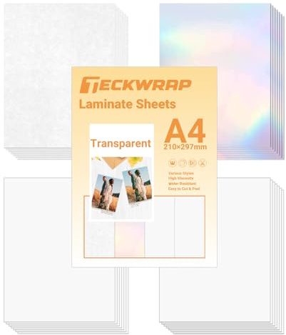 TECKWRAP Carta Adesiva Olografica Pellicola Trasparente di Sovrapposizione Laminazione Vinile Laminato Pellicola Adesiva A4 210mm x 297mm 28 Fogli/Confezione per Artigianato, Scrapbooking, Taglierine