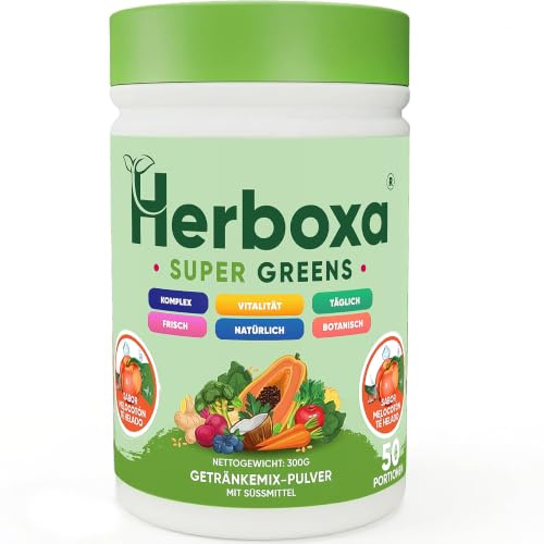 Herboxa SUPER GREENS – Aiutanti Verdi polvere disintossicante – Contiene radice di cicoria, zinco – sapore di pesca ghiacciata – 50 porzioni