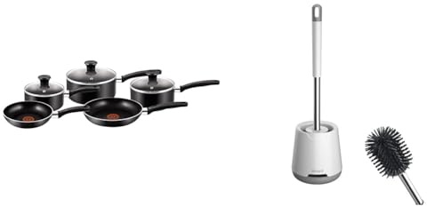 Tefal Essential, Aluminium Pots and Pans Set, 16 cm, 18 cm and 20 cm Saucepans with Lids & Ibergrif M34152 Silicone Toilet Brushes & Holders, Deep Cleaner