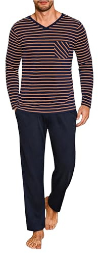 Demegimi Pijamas para Hombres Camiseta de Algodón de Manga Larga con Pantalones Largos Cuello en V Invierno Rayas Ropa de Dormir para Hombres