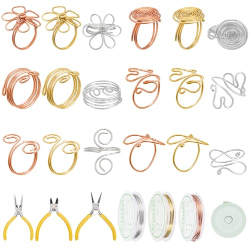 WEBEEDY Wire Wrapped Ring Making Kit Zum Herstellen von 45 Sets Draht Ringen Drahtgewickelte Kristallringe Für Erwachsene Enthält 3 Farben Schmuckdraht Sortierte Perlen Anweisung 6-Stile