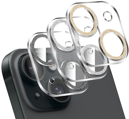 LucBuy 3 Pezzi Protezione per Obiettivo Fotocamera Scintillante per iPhone 13/iPhone 13 Mini, Copertura Acrilica Trasparente Completa Decorazione Glitterata Colorata Protezione per Fotocamera