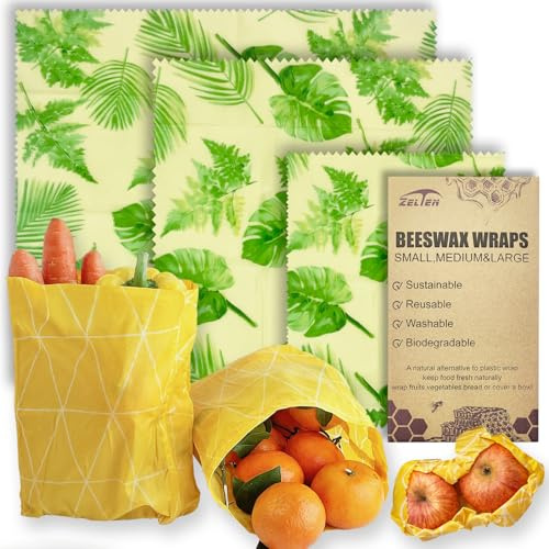 Beeswax Reusable Food Wraps - (3 Packs, 3 Sizes S,M,L) Plastic and Silicone Free, Eco-friendly Wrap, Wax Paper for Food,Bamboo Palm & Monstera