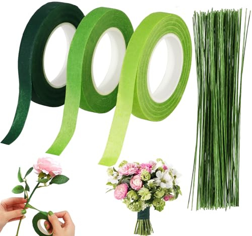3 Rollen Floristenband, 100 Pcs Blumendraht Grün Floristendraht Floristik Kreppband Grün für Bouquet Blumensträuße DIY Kunsthandwerkk