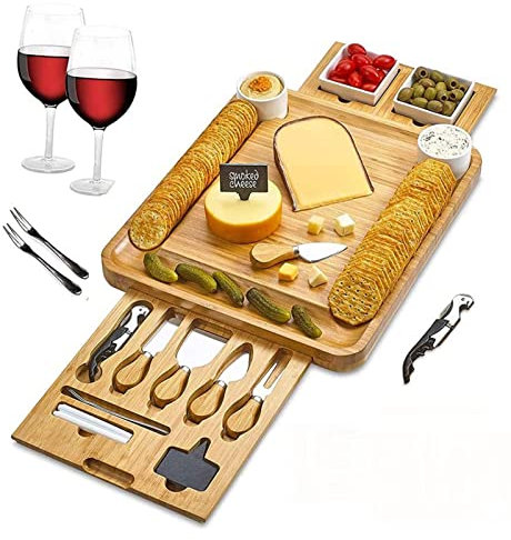 Großes Bambus-Käsebrett und Messer-Set mit Edelstahl-Besteck für Einweihungsparty Hochzeit