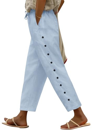Yuson Girl Pantalones Mujer Verano de Algodón Flojo Largos Playa 7/8 Pantalones Cintura Elástica Pantalones Pantalon Ligero Casual Rectos Suelto con Bolsillo Cordón(Azul, M)