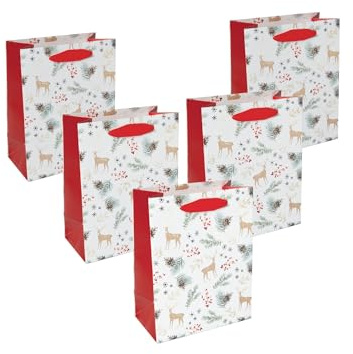 Sigel GT133/5 - Juego de 5 bolsas de regalo de papel de tamaño mediano, color blanco/dorado/rojo, con asas de cinta de seda, 18 x 23 x 10 cm, motivos navideños