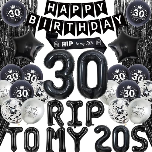 30th Birthday Decorations Black Silver - Happy Birthday Banner Rip to My 20s Decor with Sash Balloons, Star Number 30 Foil Balloons Fringe Curtains Gothic Death to My Twenties Party for Women Men
