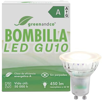 greenandco GU10 | sustituye a 44 vatios | blanco cálido 3000K | 2.5W 450lm | 100° | sin parpadeo | eficiencia energética clase A | bombilla LED 230V | no regulable