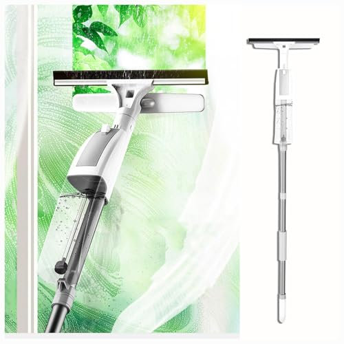 HJXBD888 3 en 1 Spray Limpiacristales con Poste Telescópico, Rasqueta Limpiacristales con 3 Paños Microfibra para Ventanas Altas Interior/Exterior