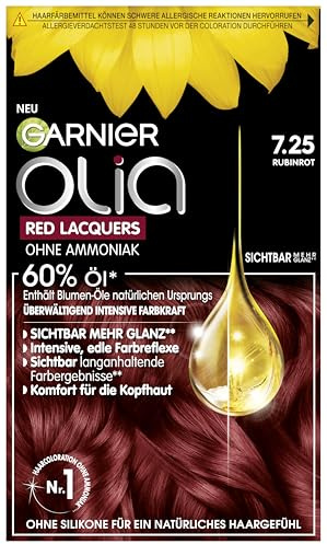 Garnier Olia Red Lacquers Dauerhafte Haarfarbe in 7.25 Rubinrot, Öl-basierte Formel für langanhaltendes Rot, 60g, 60g, 54ml