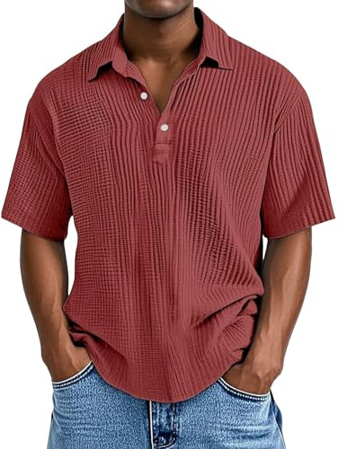 Camisas polo para hombre, con textura, para verano, manga corta, playa, vacaciones, casual, holgada, de punto, con botones, para golf