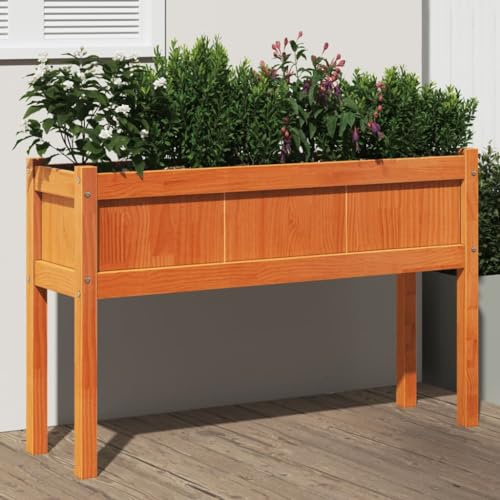 HaoChrymec Macetero con Patas Marrón Cera, Jardinera de Madera Maciza de Pino, Resistente y Duradera, Ideal para Balcones y Jardines, Huerto Urbano, 110x31x70 cm
