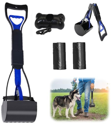 Pet Pooper Scooper Set, Pooper Scooper Long Handle Foldable Dog Poop Scoopers for Grass with Long Handle Portable Poop Scoop Shovel with Poops Bag Dispenser & Waste Bag for Indoor Outdoor Use
