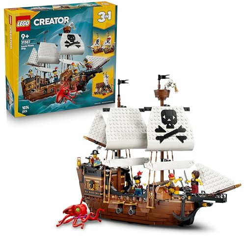 LEGO Creator 3 in 1 Iconic Pirate Ship Toy - Model Kit Transforms into a Castle or 2 Twin Boats - Kids' Room Decor Idea - Birthday Gift for 9+ Year Old Boys & Girls - 31387