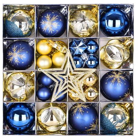 Ensemble de 45 Boules de Noël Bleues et Dorées,6 cm de Diamètre,Incassables,en Plastique,Avec Crochets,pour L'intérieur et L'extérieur,Décorations pour Sapin de Noël