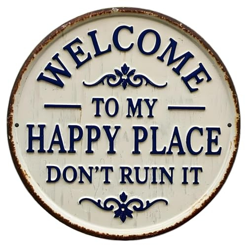 Welcome to My Happy Place Door Signs & Plaques, Engraved House Signs for Outside, Welcome Sign Round Vintage Decor for Decorative Home Accessories Garden Cafe Club Yard Porch Outside 8x8 Inch