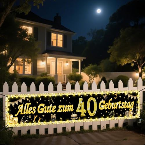Seutgjie Banner 40. Geburtstag Deko mit LED Licht 40 * 270CM | Geburtstagsbanner 40 Geburtstag Frau Mann Hintergrund Dekoration Gold Schwarz