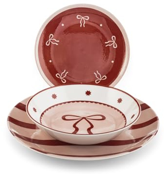 H&H Servizio Tavola Rosy 18 Pezzi in Porcellana - Piatti Piani, Fondi e Frutta con Decorazioni Rosa e Bordeaux - Adatto Lavastoviglie e Microonde, Idea Regalo Perfetta