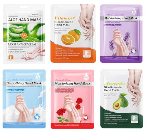 6 Pairs Hand Mask Gloves Hand Moisturiser Gloves for Dry Hands Repair, Hand Mask Gloves with Milk Rose Aloe Vera Avocado Lavender Vitamin C Serum - Hydrating Nourishing Softening Exfoliating