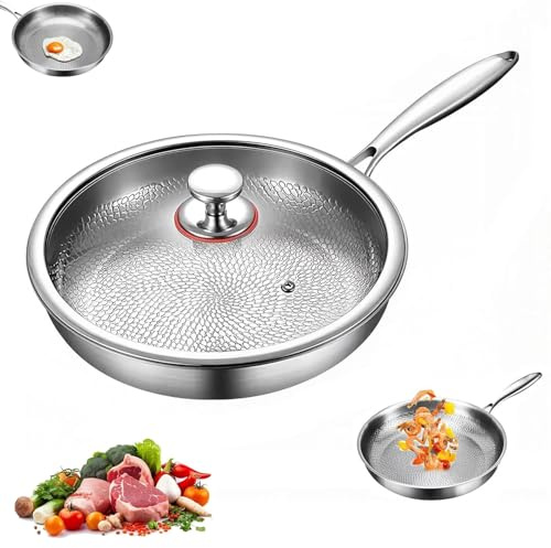 Poêle en Titane avec Couvercle,Casserole Naturellement Antiadhésives,Poêle à Frire en Titane Non Revêtu de Première Qualité,Durable,Résistante Aux Rayures,pour Toutes les Plaques de Cuisson (26cm)