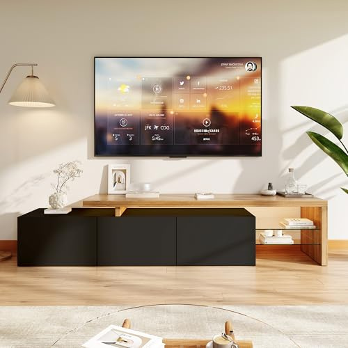 TV Schrank Modern mit LED, Fernsehtisch mit 3 Türen und Offenen Glas Ablage, 200 cm lang, Schwarz+Holzfarbe TV Lowboard mit Stauraum, TV Sideboard Skandinavisch für Wohnzimmer Schlafzimmer (Schwarz-A)