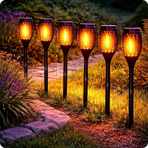 BrightBloom 6 Pack Solar Flickering Flame Lights Outdoor, Waterproof Garden Torch Lights, Dancing Flame Solar Landscape Lighting for Yard, Pathway, Patio, Lawn Decoration