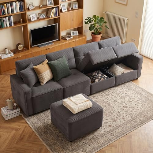 OPODEE Modulares Sofa 4-Sitzer mit Stauraum & Beweglicher Hocker, Couch Wohnlandschaft aus Corduroy, XXL Ecksofa L-Form mit Gasdruckfeder, Polstersofa für Wohnzimmer & Apartment,280x146x85cm, Grau