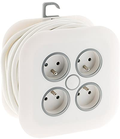 Zenitech - Avvolgitore Domestico 4x 16A 2P+T con Spina Extra Piatta 3G1mm² - Fori per Fissaggio a Muro - Anello di Estrazione e Gancio di Sospensione - Bianco - 7m