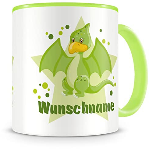 Samunshi® Kindertasse mit Namen Tasse grünen Dino Personalisierte Tasse mit Namen Kinder Kinderbecher personalisierter Text Namenstasse Kindergarten grün 300ml