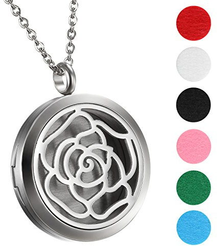 Flongo Dam vintage rostfritt stål ihåligt bjällerklockor medaljong parfym eterisk olja hänge halsband med 6 kuddar, 45 cm kedja, diffusor halsband, Rostfritt stål, utan sten