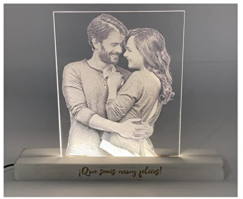 Lámpara Personalizada con tu Foto | Foto Central | Luz LED Incluida + Interruptor de Cable | Soporte de Madera Grabado | Ideal para Regalar a tus Amigos, Pareja y Familiares