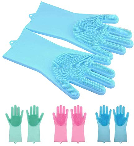 Stonges 2 Paar magische Silikon-Handschuhe mit Wash Scrubber, wiederverwendbare Waschhandschuhe zum Geschirrspülen, Haushalt, Bad, das Auto waschen, Pet Hair Care