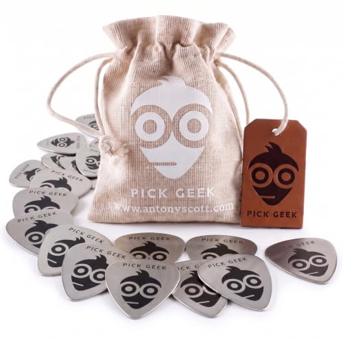 Pick Geek STAHL Gitarre Plektren | 24 x coole Stahl Gitarren Picks | für Ihre E-, Akustik- und Bass-Gitarre | Einzigartigen Pick-Geschenksbeutel | + Kostenloss Pick Geek Plektrumhalter