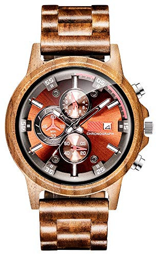 Wooden Watch for Men Women, Stylish Chronograph Military Casual Calendar Wood Watches (C- Walnut Wood)