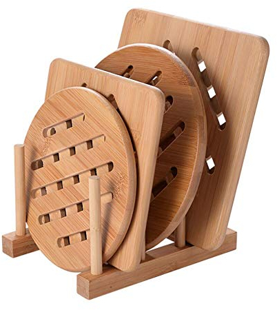 Cozywind Sottopentola di Bambu 4 Pezzi in Legno di bambù Resistenti al Calore Addensare tappetini da Tavolo Set Sottobicchieri con scolapiatti per pentole e padelle da Cucina (15cm+18cm)