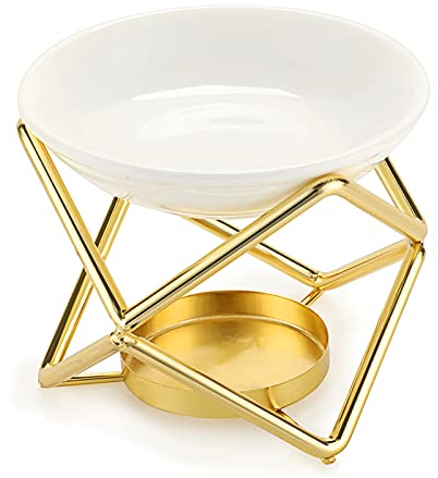 BSTKEY Metallölbrenner Dekorativer Wachsschmelzbrenner mit Keramikschale, Wohnkultur Aroma Diffusor Kerzenbrenner, Gold