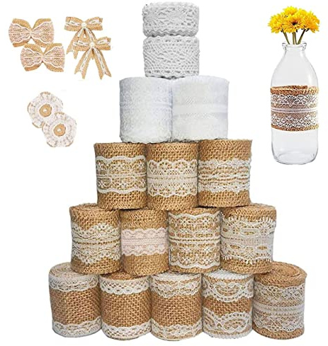 Juteband mit Spitze 16 Rolle, 13M Weiß Spitzenband, Deko Hochzeit Party | 16 Rolle Juteband mit Spitze, 13M Spitzenband weiß Vintage + 12M Juteband, Natürliche Jute Bänder und Weißer Spitze